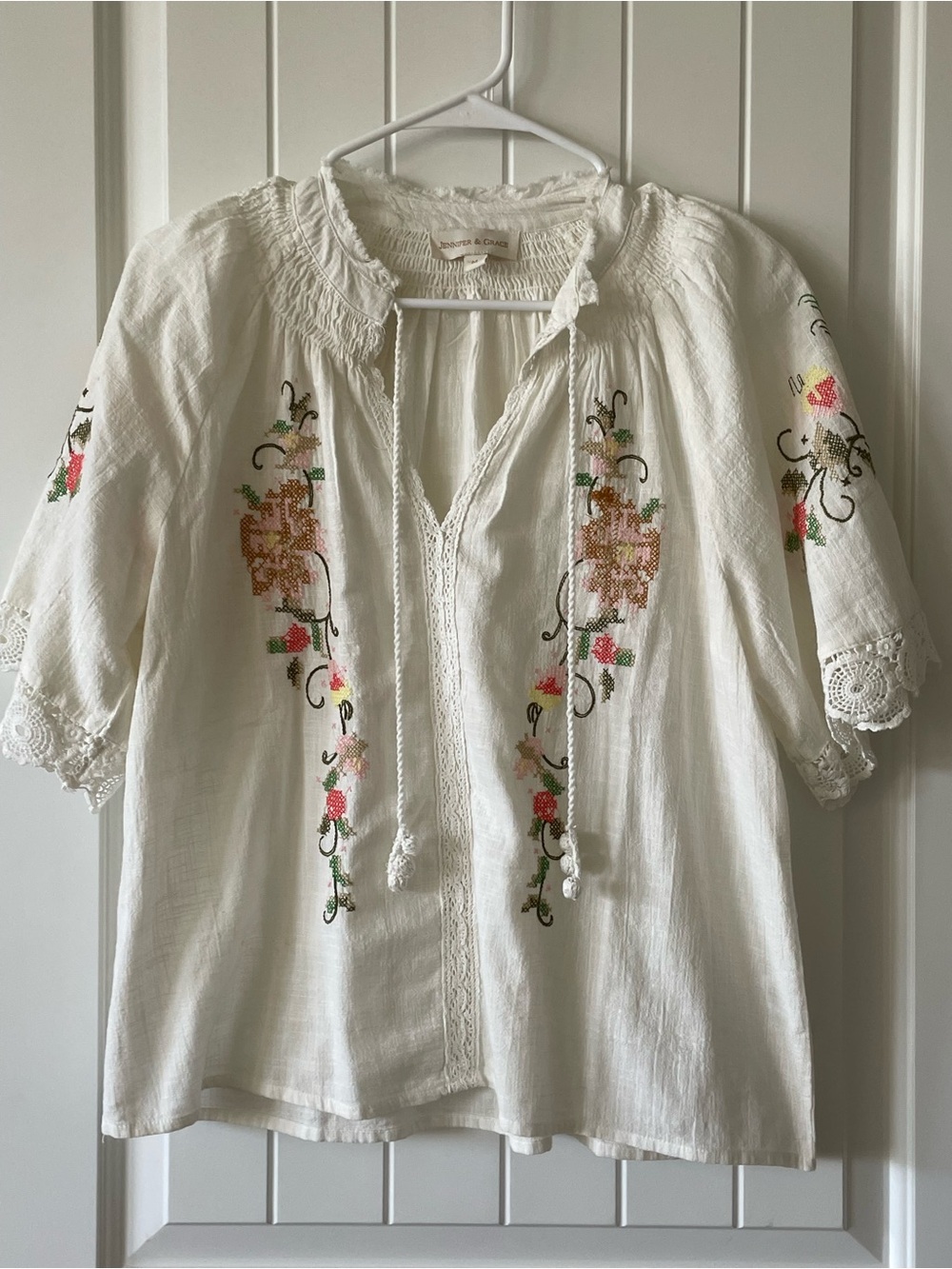 White Embroidered Boho Peasant Blouse with Floral Accents